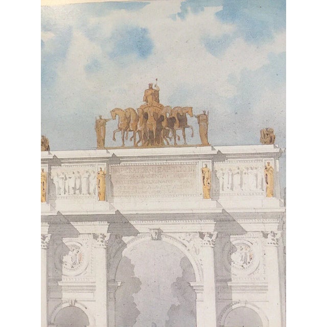 This vintage poster features a stunning architectural rendering of the iconic Arc de Triomphe by artist Emanuel Brune...