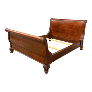 Queen Size Empire Revival Style Carved Mahogany Sleigh Bed Frame