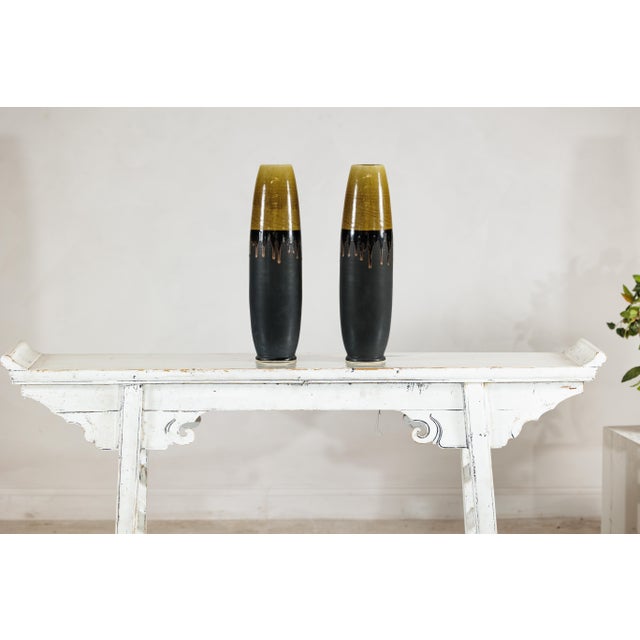 Artisan Slim Ochre and Black Ceramic Vases with Drip-Glaze Tops - A Pair For Sale - Image 18 of 18