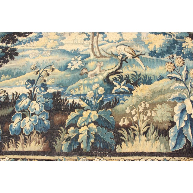 17th Century 17th Century Antique Tapestry With Woodland Scene and Floral Border in Blue Tone For Sale - Image 5 of 11