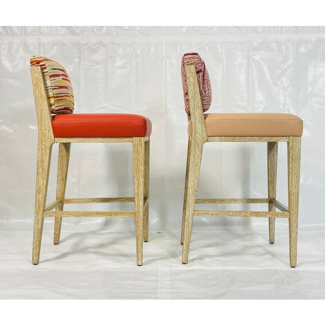 1980s Pair of 1980s Modern American Oak Counter Stools With Leather & Fabric Upholstery For Sale - Image 5 of 16
