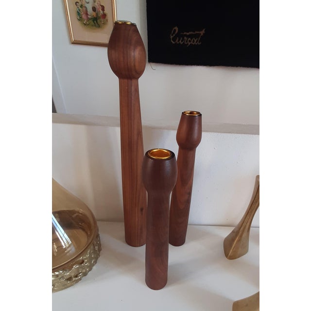 1960s Scandinavian Teak Candlesticks with Brass Inserts, Denmark, 1960s, Set of 3 For Sale - Image 5 of 6