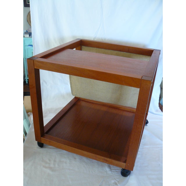 Vintage Teak Rolling End Table With Linen Magazine Sling For Sale - Image 6 of 10
