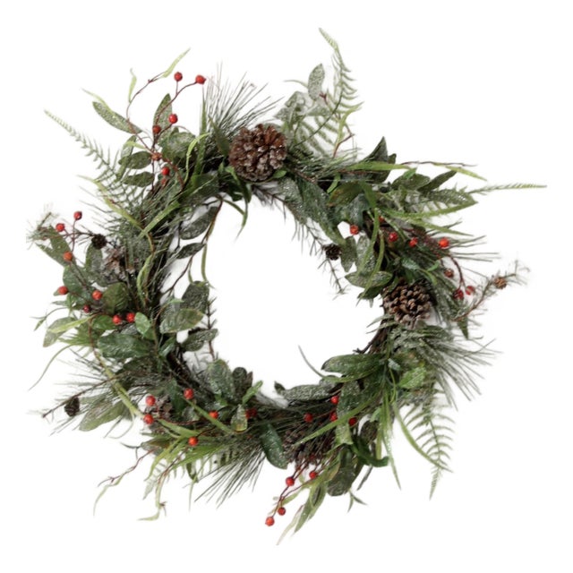 Vintage Christmas Wreath With Twig Frame and Frosted Greenery For Sale