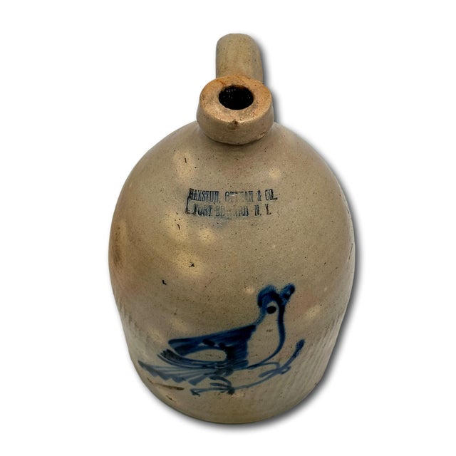 Mid 19th Century Hard 2 Find Small 1 Gallon Size Antique American Blue Bird Decorated Stoneware Jug by Haxton Ottman New York For Sale - Image 5 of 18