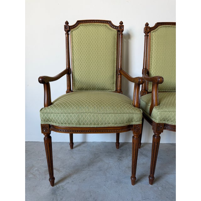 Vintage French Louis XVI Style Carved Walnut Armchairs With Green Upholstery – A Pair For Sale - Image 11 of 12