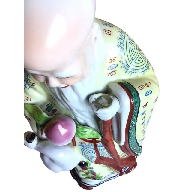 Ceramic Vintage Mid 20th Century Chinese Famille Rose God of Longevity Hand Painted Porcelain Figurine For Sale - Image 7 of 10