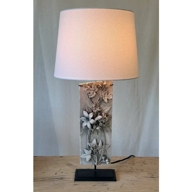 Single Table Lamp Made from Antique Plaster Molding Fragments with floral motifs. Mounted on newly made black iron Stands...