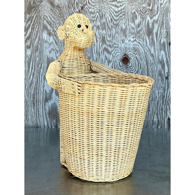Wood Vintage Coastal Woven Rattan Monkey Waste Paper Basket For Sale - Image 7 of 7