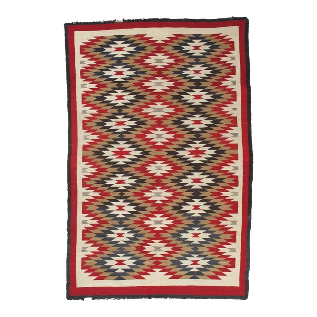 Vintage Navajo Folk Handmade Wool Beige, Red & Tan Rug For Sale