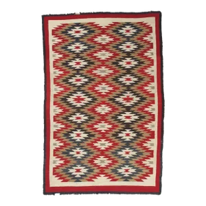 Vintage Navajo Folk Handmade Wool Beige, Red & Tan Rug