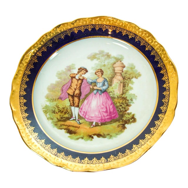 Limoges Fine Porcelain Plate Hand Painted With French Fragonard Romantic Scene For Sale