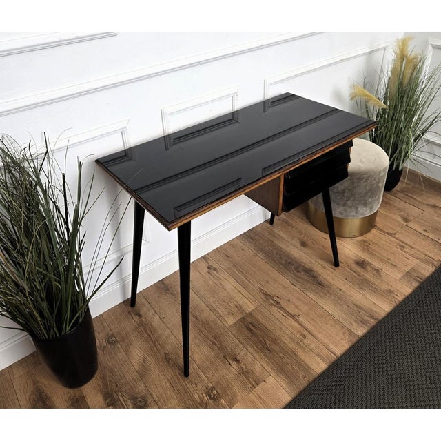 Black Mid-Century Italian Art Deco Style Walnut Burl Writing Desk with Glass Top by Paolo Buffa, 1950s For Sale - Image 8 of 11