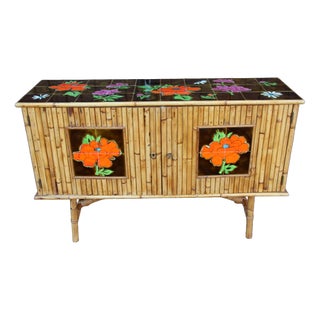 French Riviera Bamboo and Ceramic Sideboard, 1960s For Sale
