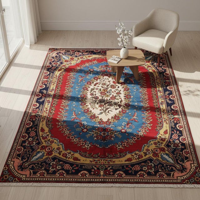 This stunning Vintage Persian Kerman rug showcases an elegant floral oval design, surrounded by vibrant red, blue, and...