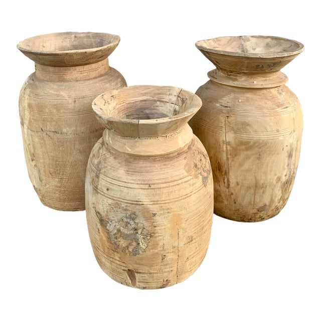 Antique Wabi-Sabi Hand Turned Bleached Raw Wooden Vessels, Set of 3 For Sale