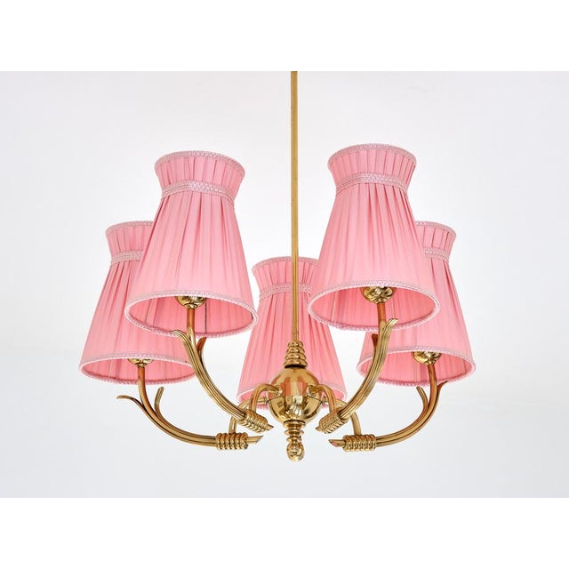 Vintage Swedish Five-Arm Brass Chandelier with Pink Shades, 1940s For Sale - Image 4 of 13