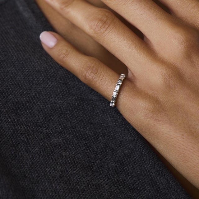 Mid Century Baguette and Round Diamond Platinum Half Eternity Band, Size 4.5 For Sale In Los Angeles - Image 6 of 7