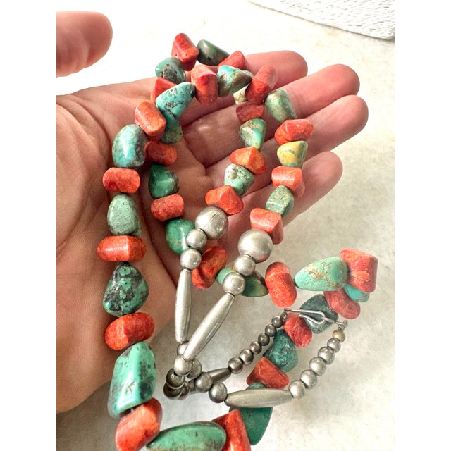 Vintage Native American Turquoise and Coral Beaded Necklace With Sterling Silver Clasp For Sale - Image 4 of 5