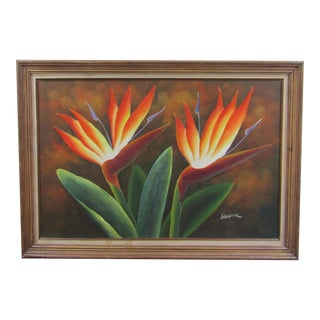 1980s Large Framed Lassiter Signed Oil Painting on Canvas of Bird of Paradise Plants For Sale