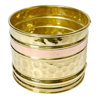 Mid-Century Boho Chic Hollywood Regency Arts & Crafts Small Brass Planter With Copper Band. For Sale