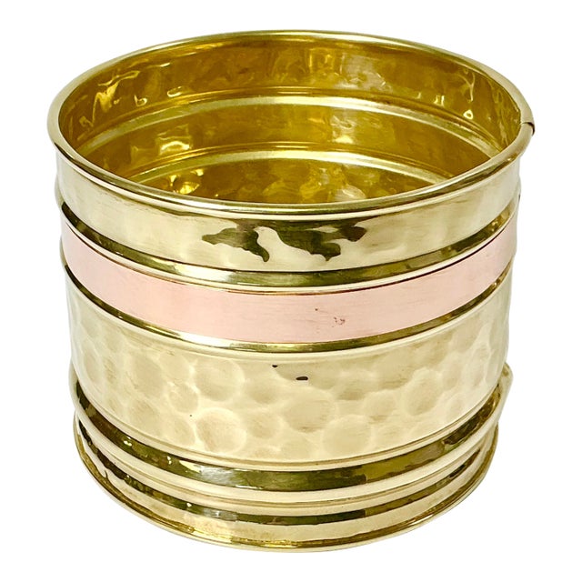Mid-Century Boho Chic Hollywood Regency Arts & Crafts Small Brass Planter With Copper Band. For Sale