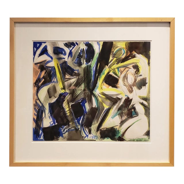 Abstract Figural Watercolor in Blue, Black and Yellow by Artist Jacques Lamy For Sale