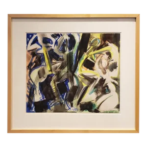 Abstract Figural Watercolor in Blue, Black and Yellow by Artist Jacques Lamy