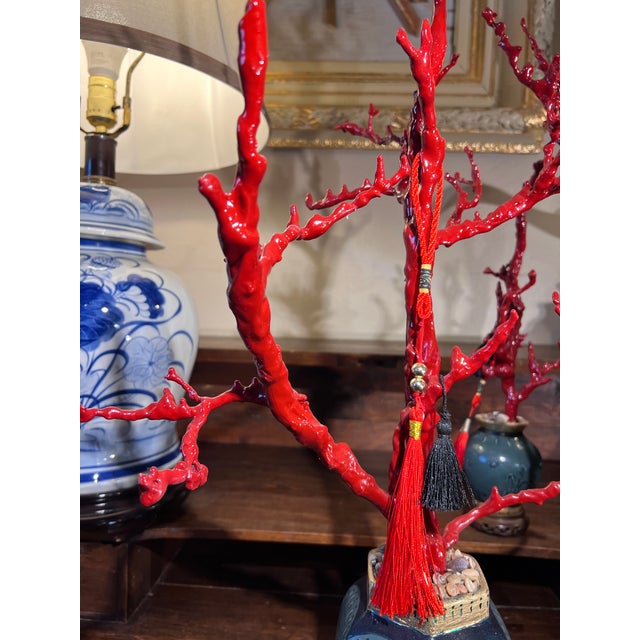 Chinoiserie Chic Decorative Faux Red Coral Branches in Handpainted Green Vases Set of 3 For Sale - Image 15 of 15