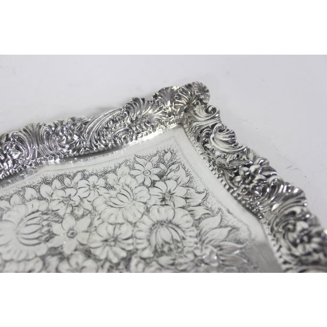 Ornate Silver Plated Square Tray Platter Vintage Plate Embossed Chased Serving For Sale - Image 6 of 14