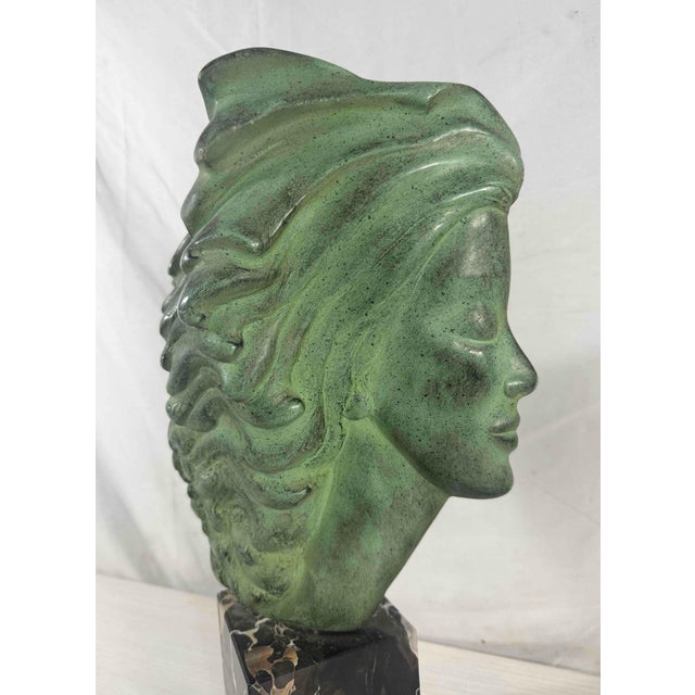 Verdigris Peggy Mach Flowing Hair Woman Bust, Alva Museum Replicas 1971 With Original Foil Label, Verdigris Patina on Marble Base For Sale - Image 8 of 8