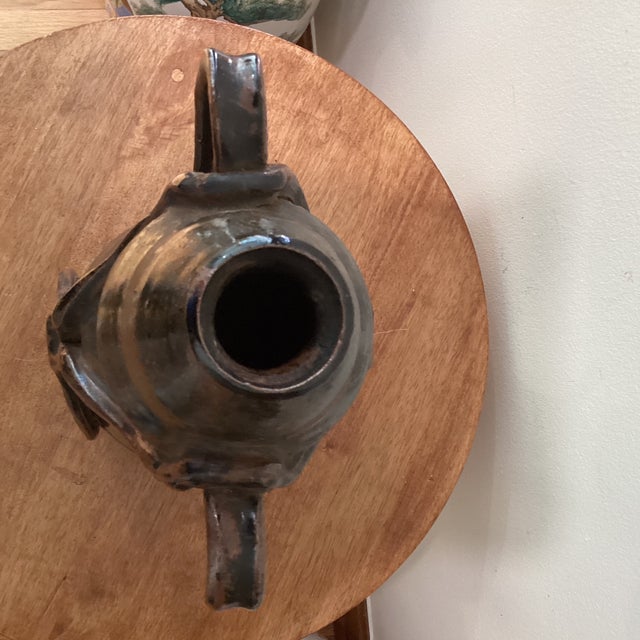 Vintage Art Nouveau Curved Shape Earthenware Double Handle Vase With Makes Mark For Sale In Chicago - Image 6 of 12