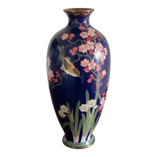 Stunning, Stamped Meiji Period Japanese Cloisonné Vase With Cherry Blossom, Iris and Sparrow Details, 10” For Sale