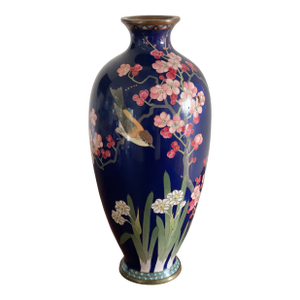 Stunning, Stamped Meiji Period Japanese Cloisonné Vase With Cherry Blossom, Iris and Sparrow Details, 10”