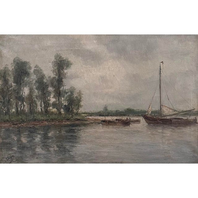 Beaux-Arts 19th Century Belgian Oil on Canvas Painting of Riverboats by Romain Steppe in Original Gilt Frame For Sale - Image 3 of 16