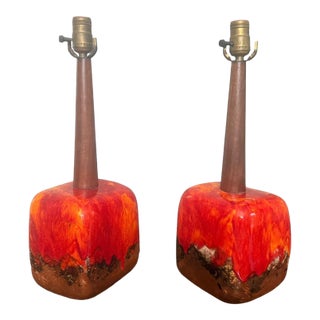 Pair of Mid-Century Modern Lava Glaze Ceramic Table Lamps Attributed to Poole Pottery, Walnut Necks, 26” H, Circa 1960s–1970s For Sale