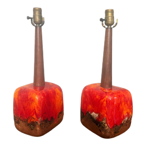Pair of Mid-Century Modern Lava Glaze Ceramic Table Lamps Attributed to Poole Pottery, Walnut Necks, 26” H, Circa 1960s–1970s