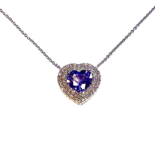 Natural Heart Sapphire Diamond Pendant 18" 14k W Gold 4.13 TCW Certified For Sale - Image 9 of 16