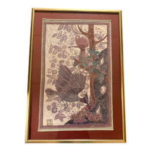 Signed Asian Silk Woven Panel | Flycatcher Birds & Scholar's Rock | Chop Seal Signed | Custom Framed | 20th Century