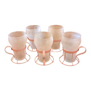 Mid-Century Frosted Glass Tumblers With Pink Metal Holders | 1950s Soda Fountain Drinkware | Set of 5 For Sale