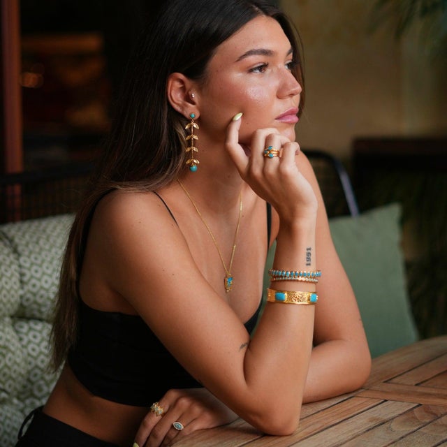 Cleopatra Turquoise Gemstone & Gold Antique Cuff Bracelet For Sale - Image 4 of 7