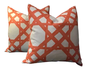 Thibaut Down Filled Pillows in “Cyrus Cane” Coral Colorway - a Pair