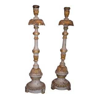 Pair of 18th Century Gessoed and Painted Wooden Portuguese Candlesticks For Sale