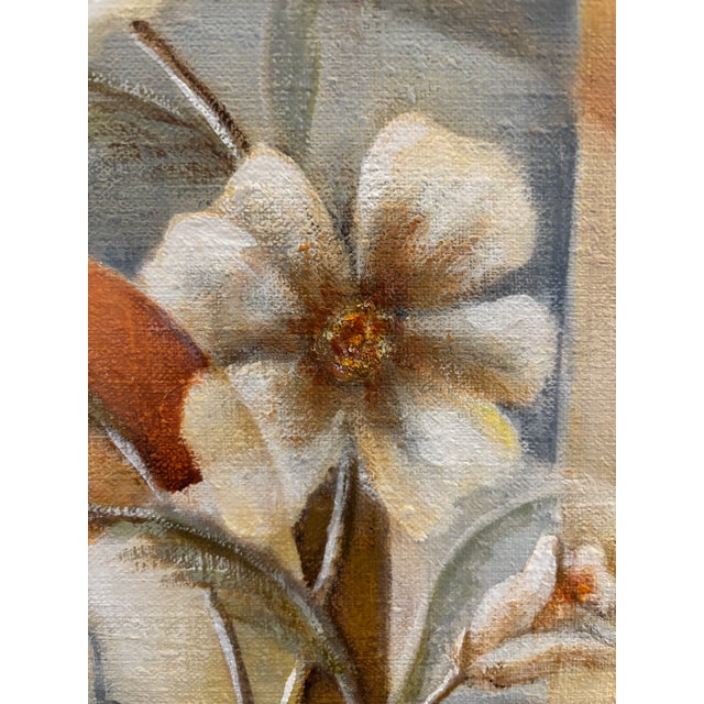 Brown Original Oriental Style Floral Painting With Gold Leaf, Dated 1981 Signed For Sale - Image 8 of 15