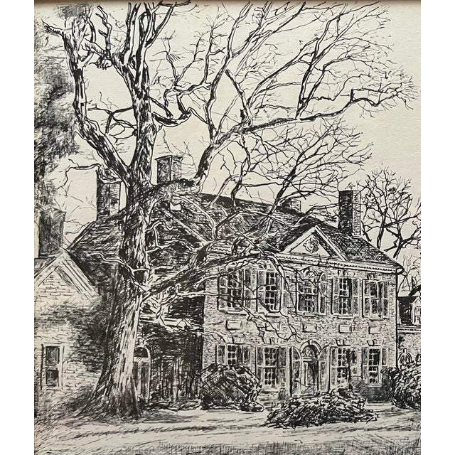 Printmaking Materials 1970s Framed Prints of Virginia Woodlawn Plantation & Mount Vernon Etchings by Acclaimed Architectural Portraitist, Bulent Atalay For Sale - Image 7 of 12