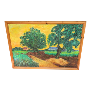 Vintage Van Gogh-Style Impressionist Landscape Oil on Canvas Painting