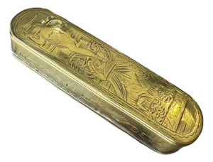 18th Century Dutch Brass Tobacco Box: Scandalous Lovers Scene