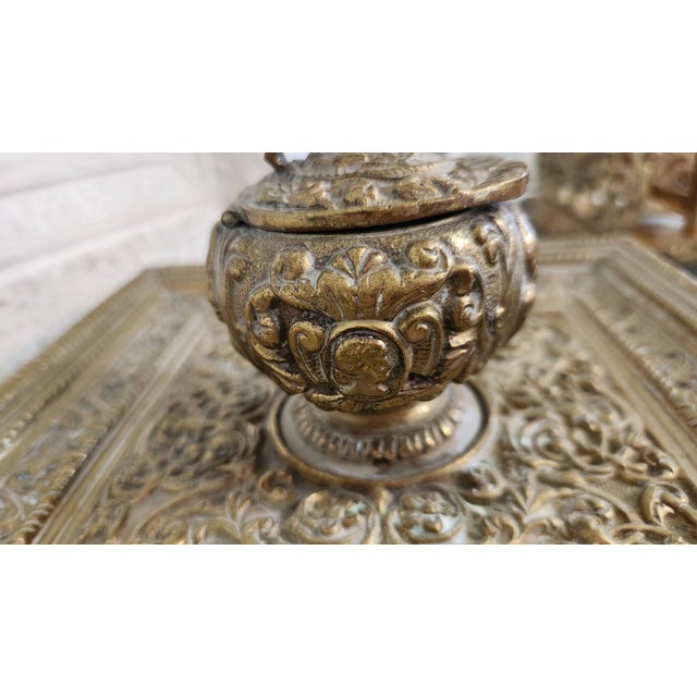 1960s Vintage Ornate Brass Pegasus Inkwell Tray With Glass Ink Insert For Sale - Image 5 of 18