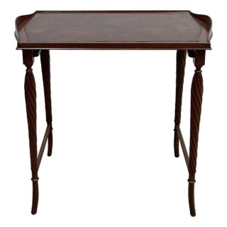 Antique Leather Inset Top Carved Wood Tea Table For Sale