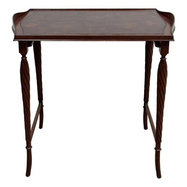 Antique Leather Inset Top Carved Wood Tea Table For Sale